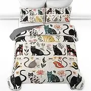 SHINEFUL Botanical Cat Bliss All Season Quilt 3-Piece Set – 2 Pillowcases Included for All Season, Set Includes Quilt and Pillow, Lightweight Microfiber Bedspread (Botanical Cat, Twin)