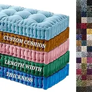 Custom Bench Cushion Chair Pads, Velvet Seat Cushion, 4 in Thick Floor Cushions, Tufted Buttons Window Cushions Indoor Furniture Pads, Bay Window Cushion with Handle