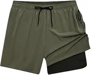 [Shukqueen] Men's Swim Trunks with Compression Liner 2 in 1 Quick Dry Swimming Shorts Stretch with Zip Pocket Beach Shorts Black