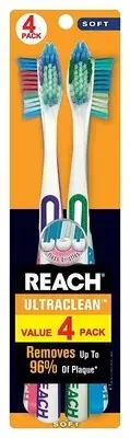 REACH Ultra Clean Soft Toothbrush Ergonomic Lightweight Handle Value Pack 4 Ct