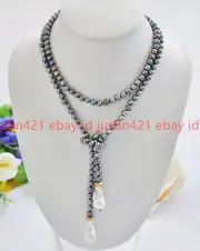 Natural 7-8mm Black Pearl & 14x22mm White Keshi Baroque Pearl Long Necklace 45''
