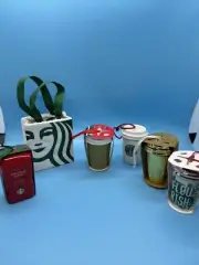 6 Misc Starbucks Christmas Ornaments Ceramic Coffee To Go Cups Gold Bag New