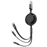 3A 3-in-1 USB-A to iP/Micro/Type-C Retractable USB Cable Fast Charging Copper Core Line 1M Long for iPhone 16 Pro 15 14