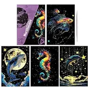 Art Scratch Paper - Handmade 4X Glitter Art Scratch Crafts | Craft Supplies, Handmade, and Reveal, A4 Size Coloring Drawing, Graffiti Cards Toys, Landscape and Animal