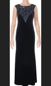 $475 Aidan Mattox Twilight Navy Beaded & Velvet Long Cap Sleeve Gown Size 10 NWT