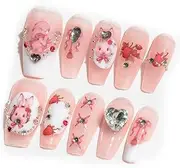 Sun&Beam Nails Handmade Long Coffin Ballerina Pink False Nail Tips with Cute 3D Diamond Popular Charm Design Press On Nails 10 Pcs (#72 S)