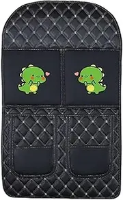 Car Seat Back Protector, Quilted Design with Cute Dinosaur Pattern, Waterproof Anti-Kick Mat with Storage Pockets, Black