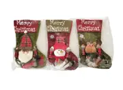 3 Plaid Plush Christmas Stocking Large Santa Snowman Reindeer Dangling 3D 17.5"