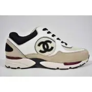 Chanel 22S White Ivory Beige Black CC Logo Tie Flat Runner Trainer Sneaker 39.5