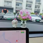 Car Dashboard Decoration Set with Mini Vase and Bunny Figurine, Pink Artificial Flowers, Good Luck Design