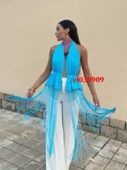 ZARA WOMAN NEW BLUE FRINGE TOP WITH OPEN BACK SIZE L REF. 7650/809