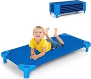 HONEY JOY 6 PCS Kids Stackable Daycare Cot, Pack of 6, 130cm x 57cm Portable Toddler Nap Mat w/Easy Lift Corners, Space Saving, Heavy Duty Standard Sleeping Cot, Preschool Daycare Cot for Kids, Blue