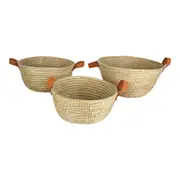3pc Maine & Crawford Noosa Palm Leaf Basket Set Decor w/ Leather Handle Natural