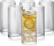 Ribbed Drinking Glasses Set of 6,Vintage Wine Cup Glassware,Origami Style Transparent Cocktail Glasses Set Glass Cups, Elegant Art Deco Ripple Vintage Glassware, Ideal for Cocktail, Beer