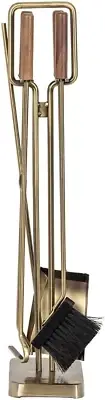 Levi 5 Piece Fireplace Tool Set in Aged Brass with Walnut Wood Handles | Include