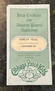 VTG ADRIAN NEAL Birth Certificate & Adoption Papers Cabbage Patch Kids SEALED