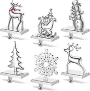 6 Pieces Snowflake Stocking Holder Christmas Stocking Holders Elk Santa Claus Silver Metal Stocking Hanger Mantle Hooks for Mantel Fireplace Christmas Party and Home Decoration(Santa Claus)