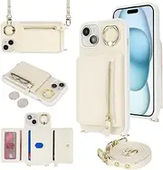 SunYoo for iPhone 15 Crossbody Case with Card Holders Money Slots Zipper Coin Purse Rotatable Ring Kickstand Cover Wristlet Strap Lanyard Litchi Leather Wallet Flip Cover for iPhone 15 White