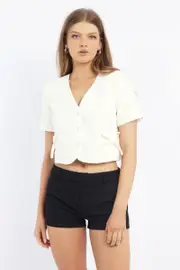 White Tailored Button Up Top - Size 10S, Women's Crop Top