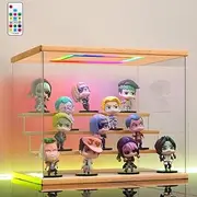 AZEYN Clear Acrylic Display Case with Light , 4 Tier Multiple Color Lights Display Box Stand Assembly Dustproof Protection Showcase for Collectibles Action Figures (Wood 12.6×9.6×10.6in)