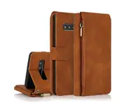 For Samsung Galaxy S10 Plus Case, Leather Zipper Purse Flip Cover Case with Card Slot Holder Wrist Strap Lanyard (Brown)