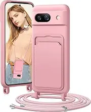 [BENTIACC] Crossbody Case for Google Pixel 8A, Liquid Silicone Phone Case with Adjustable Lanyard Strap, Shockproof Protective with Credit Card Holder for Google Pixel 8A (Pale pink)