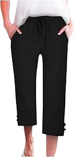 [Generic] Capri Linen Pants for Women High Waist Drawstring Wide Leg Yoga Pants Comfy Lightweight Casual Trousers with Pockets