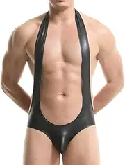 [HMRICHNO1] Mens Faux Leather Bodysuit Leotard Wrestling Singlet Jumpsuit Halter Backless One-Piece Underwear