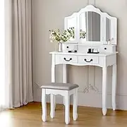 Dressing Table Stool Set Foldable Mirror White Makeup Vanity Furniture Bedroom