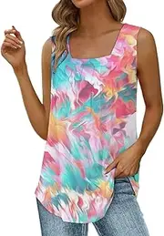 [Generic] 2x Tunic Tops Womens Casual Sleeveless Square Neck Tank Tops Loose Fit Pleated Curved Hem Flowy Vest Shirt Adventure Top Women