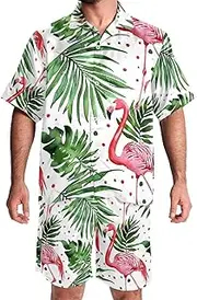 [FNETJXF] Men's Hawaiian Shirts and Shorts Set, Mens Short Sets 2 Piece Outfits, Mens Vacation Outfits, Flamingo Tropical Modern, Cruise Outfits for Men