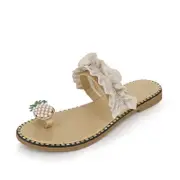 Catzon Womens Summer Pineapple Shape Rhinestone Sandals Open Toe Flat Slippers-Beige