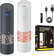 Electric Salt and Pepper Grinder Set with 6 Adjustable Coarseness, USB Rechargeable Pepper Shaker Mill with LED Light, Coarse Sea Salt Grinder with Ceramic Core, Refillable, One Hand Operation, 2 Pack