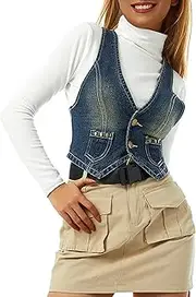 [cffvdiz] Denim Vest Top for Women Vintage V Neck Slit Hem Slim Sleeveless Button Front Jean Vest Jacket