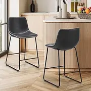 [OIKITURE] Bar Stools 64cm Seat Height Metal Leather Backrest Bar Stools Set of 2 Counter Kitchen Chairs Dining Chair, Grey