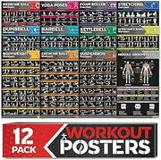 [12-PACK] Laminated Large Workout Poster Set - Perfect Workout Posters for Home Gym - Exercise Charts Incl. Dumbbell, Yoga Poses, Resistance Band, Kettlebell, Stretching & More Fitness Gym Posters