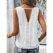 Women's Camisole Tank Top Solid Color Daily Casual Sleeveless Crew Neck Regular Tops Daily Lace Backless Patchwork White Summer