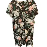Miss Elaine Interlock Knit Snap Front Robe Plus Sz Large Black Multi Floral
