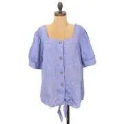 TALBOTS Plus Linen Tie Waist Top X (0X) Cross Dye Blue Button Blouse NWT B68