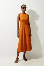 Petite Premium Linen Tab Waist Detail Full Skirt Tailored Midi Dress