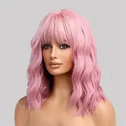 Pink Wig with Air Bangs12 Inches Short Pastel Curly Wavy Heat Resistant Synthetic Women's Bob WigCosplay Party Shoulder Length Wigs for Girls Daily Use Natural