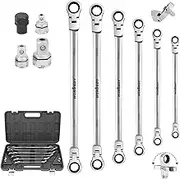 HORUSDY 10-Piece Extra Long Flex-Head Ratchet Spanner Set - Long Ratchet Wrench Chrome Vanadium Steel Metric 8mm - 19mm, With 1/4",3/8",1/2" Socket Drive Adapter