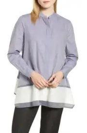New $110 Anne Klein Women'S Blue Button Front Color Blocked Blouse Top Size L