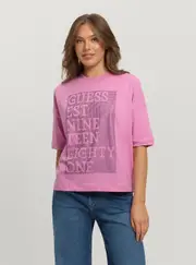 GUESS Women's Eco Pink Shiny Box T-Shirt Size: Medium, Cotton