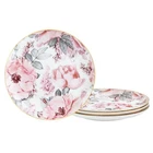 8" Bone China Salad Plates with Gold Trim, Pink Floral Pasta Bowls Set of 4, ...