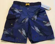 Cat & Jack Boys S 6-7 ~OR~ M 8-10 Shark Pizza Print Swim Trunks Blue UPF 50+ NWT