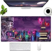 Wunpvty Anime Desk Mat Punk Style Purple Neon City XXL Large Gaming Mouse Pad Desk Pad with Stitched Edges, 31.5''X15.7'' Extended Keyboard Mouse Mat Non-Slip Computer Laptop Desk Pad, SONG-230909