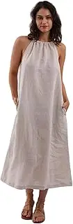 [Amazhiyu] Womens Linen Halter Sleeveless Maxi Dress Tie Back with Belt and Pockets
