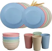 Cainfy Wheat Straw Dinnerware Set 4Sets - Camping Plates, Cups and Bowls Set - Unbreakable Lightweight Plastic Crockery Dish Set for Kids - Microwave Dishwasher Safe - 16 Piece 4Sets