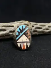 Native American Zuni Sterling Silver Traditional Stones Mens Ring Size 11.25